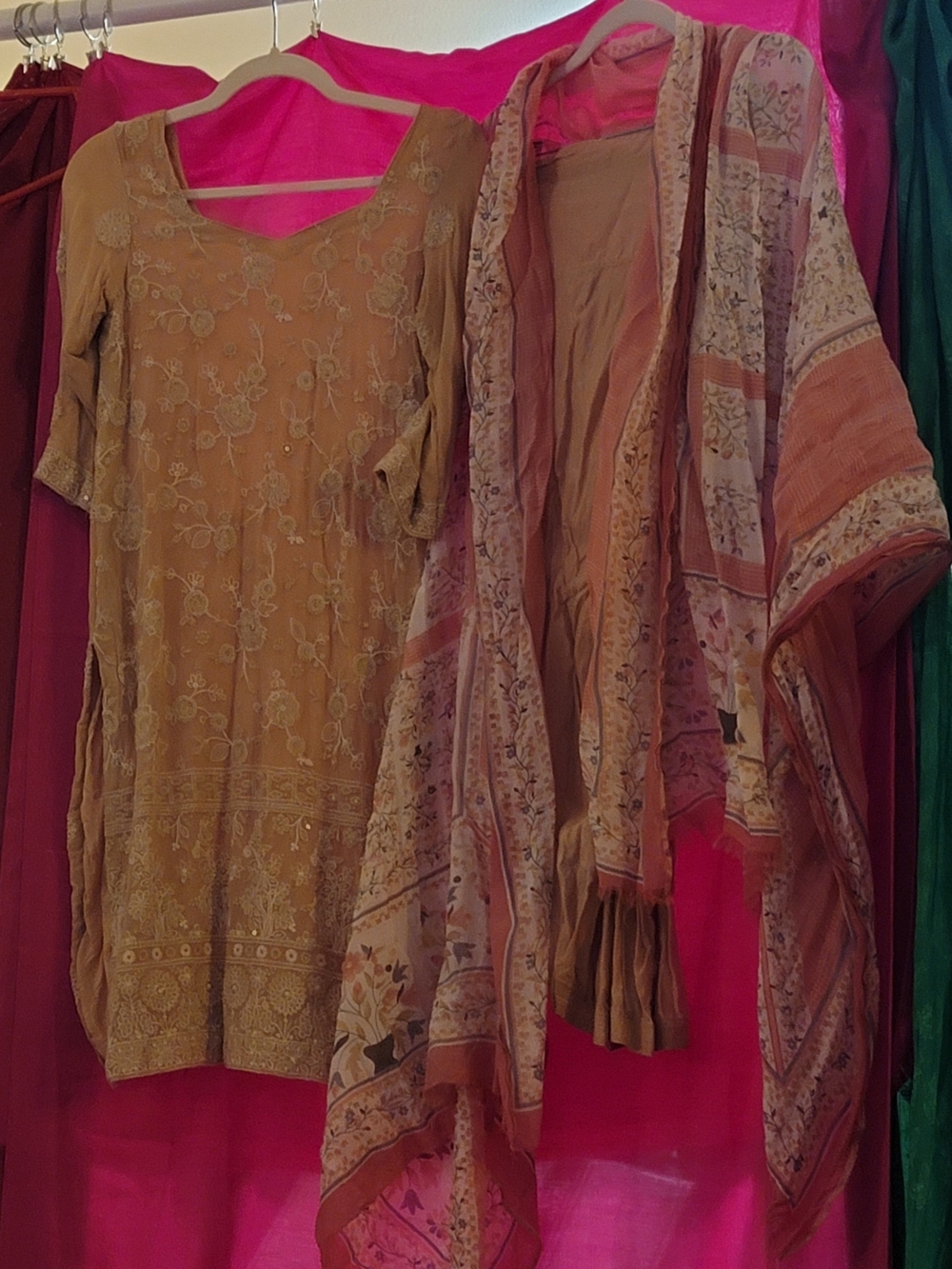 Salwar Kameez- Mustard And Pink Tunic with Pants And Floral Printed Shawl